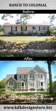 before and after pictures of a house with rocks in the front yard, then on the outside