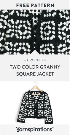 two color granny square jacket with free pattern on the front and back, both in black and white