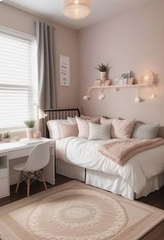 a bedroom with pink walls, white furniture and a rug on the floor in front of a window