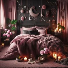 a bedroom decorated in pink and black with candles on the floor, bedding and decorations