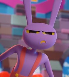 the animated character is wearing an orange and purple outfit