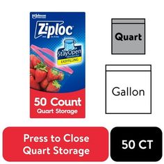 the label for ziploc 50 count quart storage is shown in black and white