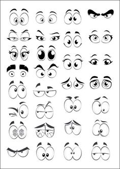 an assortment of cartoon eyes with different facial expressions and shapes, all in black and white