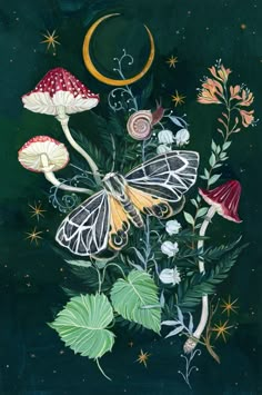 a painting of flowers and butterflies with the moon in the sky behind them on a dark green background