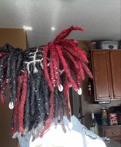 Black Locs With Highlights, Dread Hair Color Ideas, Dreads Color Ideas Locs For Women, Split Dyed Locs, Red And Black Locs, Half Dyed Locs, Dread Color Ideas Locs, Loc Color Ideas Black Women, Dyed Locs Black Women