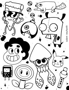 an image of some cartoon characters in black and white