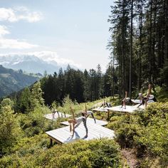 a group of people doing yoga on wooden platforms in the middle of a forest with mountains in the background