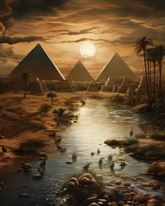 a painting of three pyramids in the desert with water and ducks swimming around them