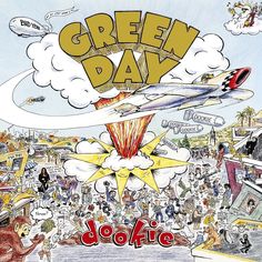 the green day album cover with an airplane flying over a large group of cartoon characters