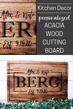 two wooden signs with the words, kitchen decor and personalized wood cutting board on them