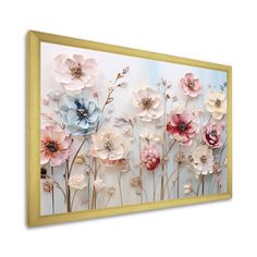 a painting with flowers on the wall in front of white background and gold framed frame