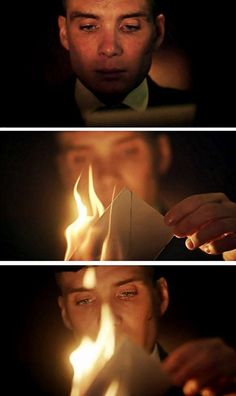 three different shots of a man holding a piece of paper with fire coming out of it