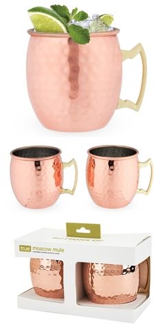 three different types of copper mugs in boxes