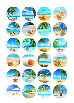 a collage of beach scenes with palm trees and people on the beach in circles