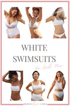 six girls of all ethnicities are pictured in this pin in white swimsuits, some in bikinis and some in one piece suits with the text in the middle reading white swimsuits on sale now Bridal Swimsuit, Swimsuit Sale, Bathing Suit Covers, White Swimsuit, Cover Ups, One Piece Suit