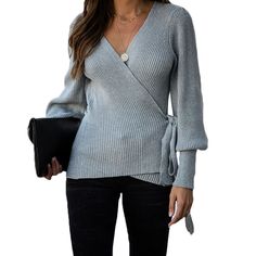 Gray Wrap Front V Neck Knit Sweater Fitted Soft Knit V-neck Sweater For Fall, Fitted Knit V-neck Sweater For Fall, Gray Knit Top For Fall, Gray Knit V-neck Sweater For Spring, Fitted Textured Knit V-neck Sweater For Fall, Knit Sweater Fall, V Neck Knit Sweater, Winter Sweaters, Knit Sweater