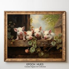 three pigs in a window sill with ivy