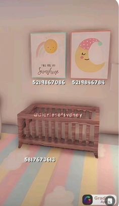 a baby's room with two pictures on the wall and a crib next to it