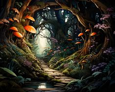 an image of a forest scene with mushrooms