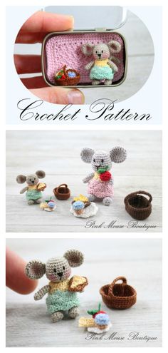 crocheted mice are sitting in front of a tiny basket and cupcakes