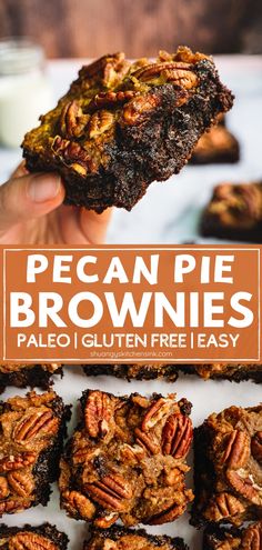 pecan pie brownies are stacked on top of each other and being held up