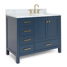 a bathroom vanity with two sinks and gold faucets on the top, against a white background