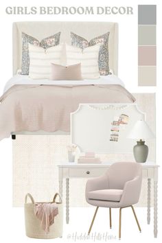 a bedroom with white furniture and accessories in shades of pink, gray, and gold