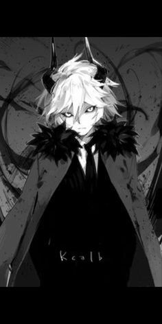 an anime character with horns on his head, wearing a black suit and white hair