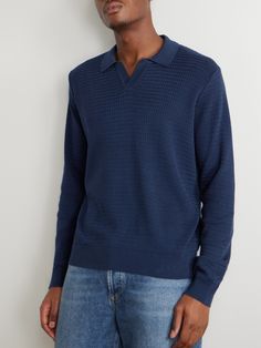 DESIGNED BY MR PORTER. Mr P.'s cotton polo shirt has been made in Italy and blended with touches of silk for softness. In a neutral navy shade, it's knitted in a wavy texture and has a relaxed open collar. Wear it with your go-to denim and sneakers. Navy Cotton Textured Knit Top, Navy Textured Knit Cotton Top, Blue Textured Knit Collared Tops, Casual Blue Polo Sweater With Collared Neckline, Blue Business Casual Collared Top, Blue Polo Collar Sweater For Work, Blue Casual Polo Sweater With Polo Collar, Blue Casual Polo Sweater, Blue Tops With Ribbed Collar