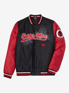 Get dressed in Spidey style with this Spider-Man-inspired bomber jacket! Featuring stylized "Spider-Man" lettering across the front with embroidered spider web and spider details  this color block jacket also includes a Miles Morales circular patch on the sleeve. With snap buttons and pockets  this jacket is the perfect way to bring the web-slinging hero to your wardrobe.A BoxLunch Exclusive!Outer shell: 100% polyester satin Lining fill: 100% polyesterListed in unisex sizesWash cold with li Spiderman Things, Spider Man Things, Spiderman Outfit, All Spiderman, Spiderman Stuff, Spider Man Stuff, Spiderman Gifts, Spiderman Theme, Spider Man Miles Morales