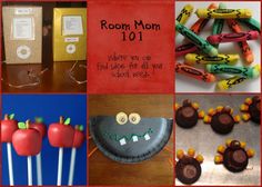 a collage of pictures with apples, candy and other things to make it look like they are from the book room mom 101