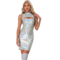 The Allegra K Metallic Bodycon Dress for women features a sleeveless design with a mock neck and cut-out details. Made from 96% Polyester and 4% Spandex, this dress offers a slim fit that accentuates your figure, making you feel confident and beautiful. The metallic fabric adds a shiny and charming look, perfect for parties, clubwear, and festival vacations. Pair it with high heels or sandals for a striking appearance. Ideal for various occasions, including concerts, Christmas parties, and night High Neck Sleeveless Dress For Party, Spring Party Sleeveless High Neck Dress, High Neck Sleeveless Dress For Spring Party, Sleeveless Club Dress For Halloween, Holographic Dress, Shiny Dress, Sparkly Mini Dress, Maxi Bodycon Dress, Sleeveless Mock Neck