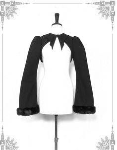 Features: It features bat collar, long sleeves, plush cuffs, woolen bolero.  Attention: This price includes a bolero only, others are not included.  Size Chart:  Size (CM): Unit CM; Sizes below are measured in flat-laid position, hand measurement will have discrepancy of about 2 CM.   	 		 			Size(cm) 			S-M 			M-L 		 		 			Shoulders 			35 			37 		 		 			Bust 			92 			98 		 		 			Sleeves Length 			68 			70 		 		 			Collar Circumference 			40 			42 		 		 			Bolero Length 			28 			29 Fitted Winter Cape For Cosplay, Fitted Cosplay Cape, Fitted Cape For Cosplay, Fitted Fall Cape For Costume, Fitted Cape For Winter Costumes, Fitted Cape For Costume, Winter Season, Fitted Cape For Fall Costume, Fitted Cape For Costume And Winter, Vintage Outerwear For Cosplay In Winter