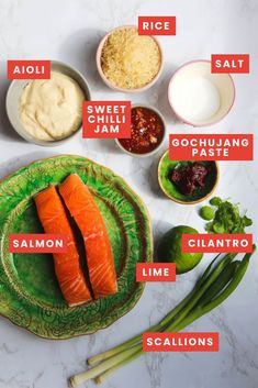 the ingredients for this dish include salmon, rice, and sauces