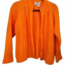 Vintage 1970s Bright Orange Cable Knit Chunky Button Down Cardigan Sweater Grandpa Sweater, Button Down Cardigan, Chunky Knit Sweater, Short Sleeve Jumpsuits, Jumpsuit With Sleeves, Chunky Knits Sweater, Vintage 1970s, Bright Orange, Festival Fashion