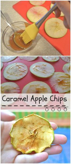 the process of making caramel apple chips is shown in three different pictures, including one being