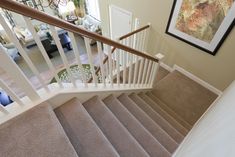 a staircase with carpeted steps leading up to a living room