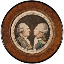 two men are facing each other in an oval portrait with wood trimming on the edges