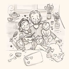 a drawing of a family cooking dinner together