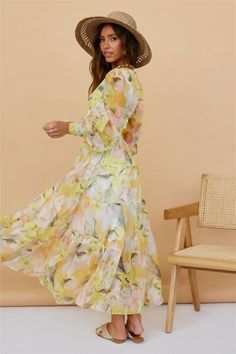 Details: Floral print V neckline Long sleeves Midi dress FIT:Regular fit Non-Stretch through fabricStandard sizingCotton&Polyester Size Available: Size Length Bust inch cm inch cm S 39 100 33 84 M 39.7 101 34.6 88 L 40 102 36.2 92 XL 40.5 103 37.8 96 Yellow Long Sleeve Midi Dress With Floral Print, Long Sleeve Printed Yellow Midi Dress, Yellow Printed Long Sleeve Midi Dress, Yellow Printed Long Sleeve Dress, Long Sleeve Floral Printed Dress For Garden Party, Yellow Flowy V-neck Floral Dress, Long Sleeve Midi, Long Sleeve Midi Dress, V Neckline