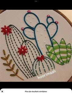 a close up of a embroidery on a piece of cloth with flowers and cactuses