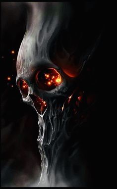 a skull with glowing eyes and flames in the dark night sky, as if it were an alien