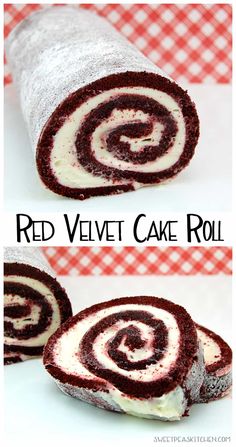 red velvet cake roll is cut in half and ready to be eaten