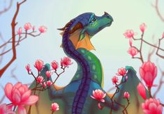 a blue dragon sitting on top of a tree filled with pink flowers