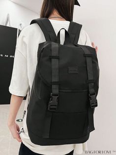 BagForLove - Black Flap Backpack with Letter Patch and Release Buckle for Daily Use Black Softback Backpack For School, Black Softback Backpack For Students, Black Standard Backpack For Students, Casual Black Rectangular Backpack, Back To School Black Softback Backpack, Black Backpack For Back To School, Casual Black Backpack With Large Capacity, Black Softback Backpack With Large Capacity, Casual Large Capacity Black Backpack