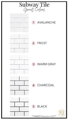 the subway tile color chart with instructions for different colors and sizes, including white brick