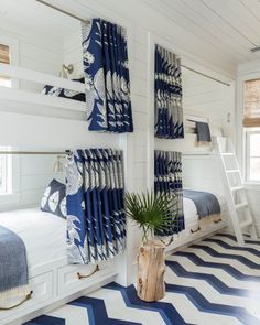 an instagram page with two bunk beds and blue striped rugs on the floor