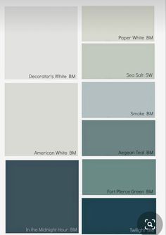 several shades of gray and white with the words, paint colors in each color scheme