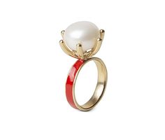 Pearl and Rojo Ring Red Enamel Elegant Rings, Elegant Red Enamel Ring, Classic Red Enamel Jewelry, Elegant Red Pearl Ring For Anniversary, Pearl Set, Pearl Ring, Gold Plated Sterling Silver, Fresh Water, Freshwater Pearls