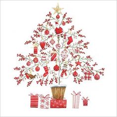 a christmas tree with presents under it and decorations around it, on a white background